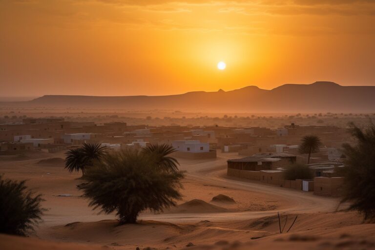 an orange sunset over the desert with houses and palm trees in front