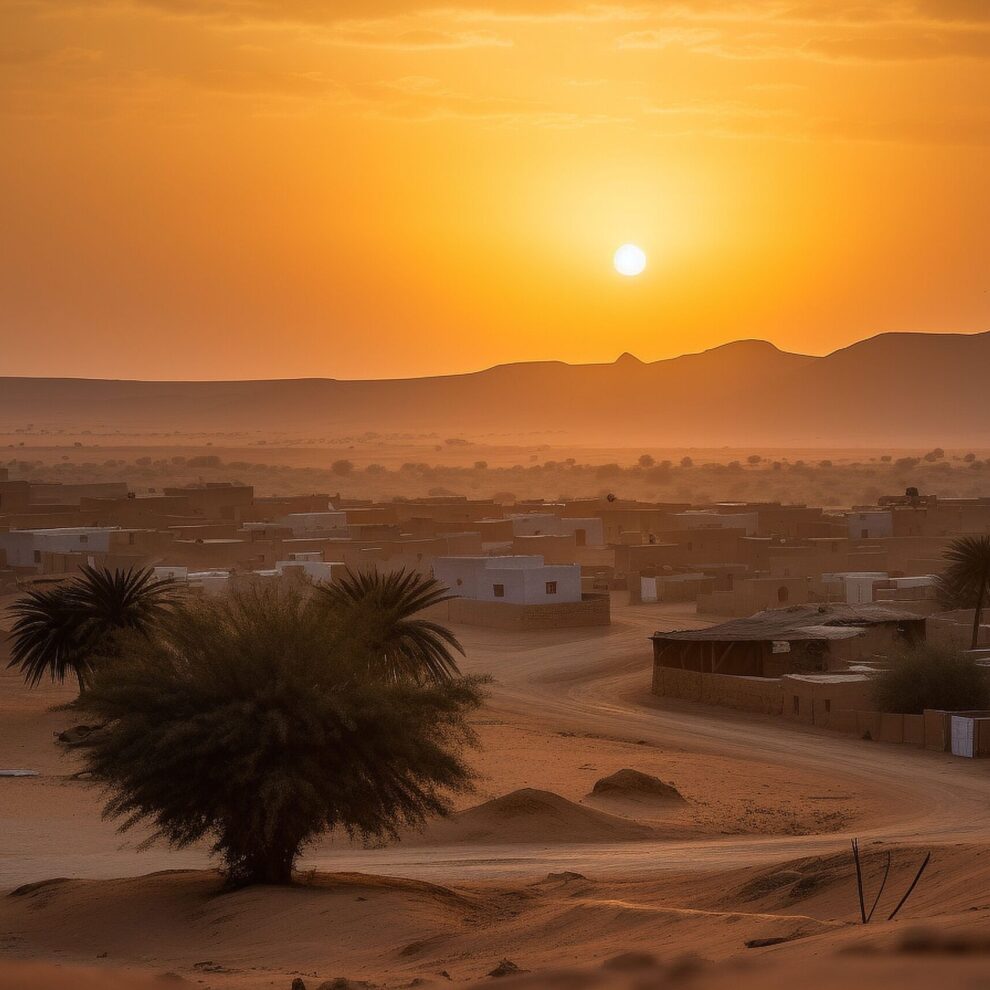 an orange sunset over the desert with houses and palm trees in front